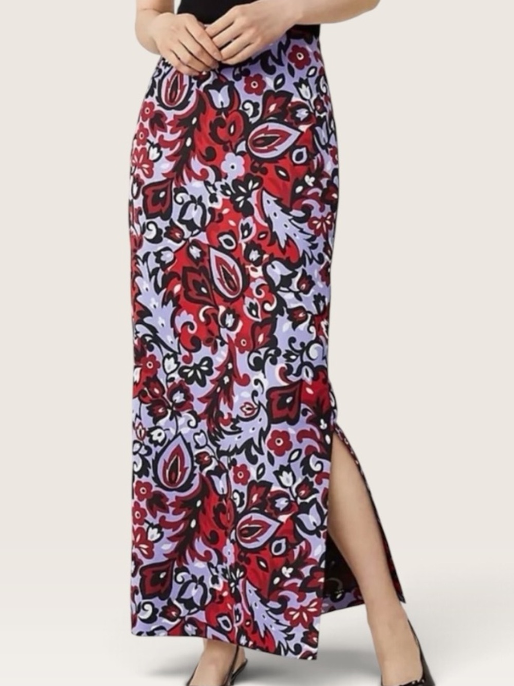 NWT Ann Taylor Size 4 Paisley Side Slit Column Maxi Skirt Red Lavender